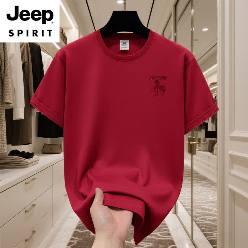 JEEP SPIRIT本命年酒红色短袖男马年新款宽松纯棉T恤秋春季打底情侣内搭上衣 酒红色 S 【80-100斤】