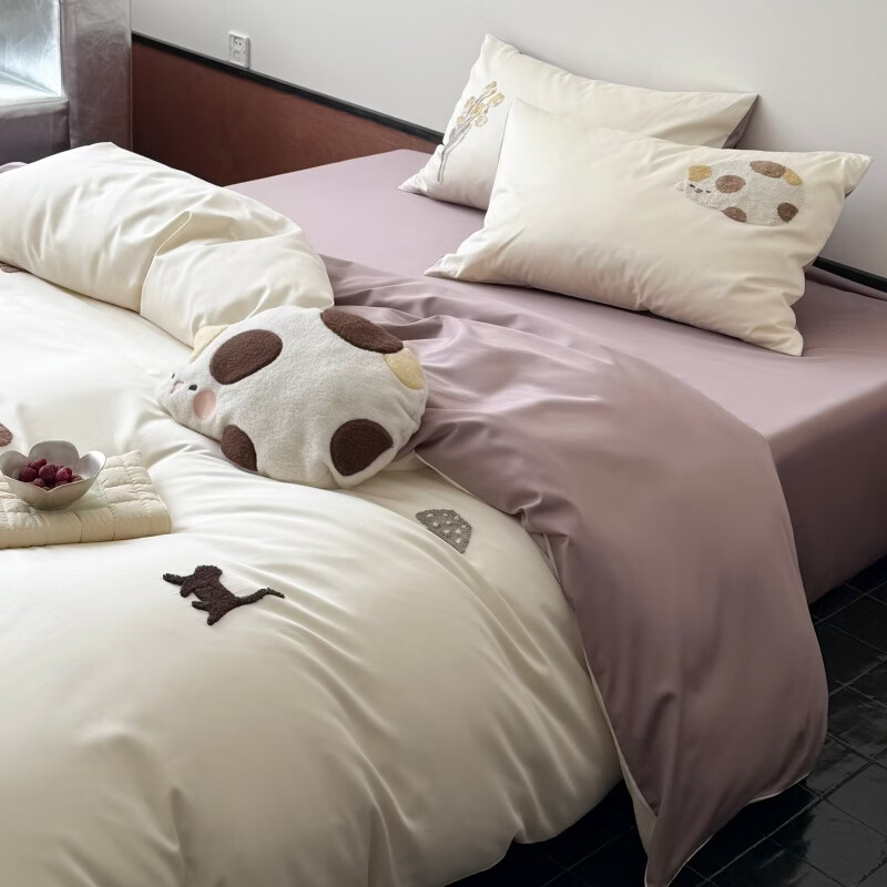 ROLAND LIVE长绒棉春季新款四件套可爱毛巾绣被套全棉儿童卧室三件套床上用品 LB 长绒棉套件-午后白紫 1.2米床 床单款 【被套150*200cm】