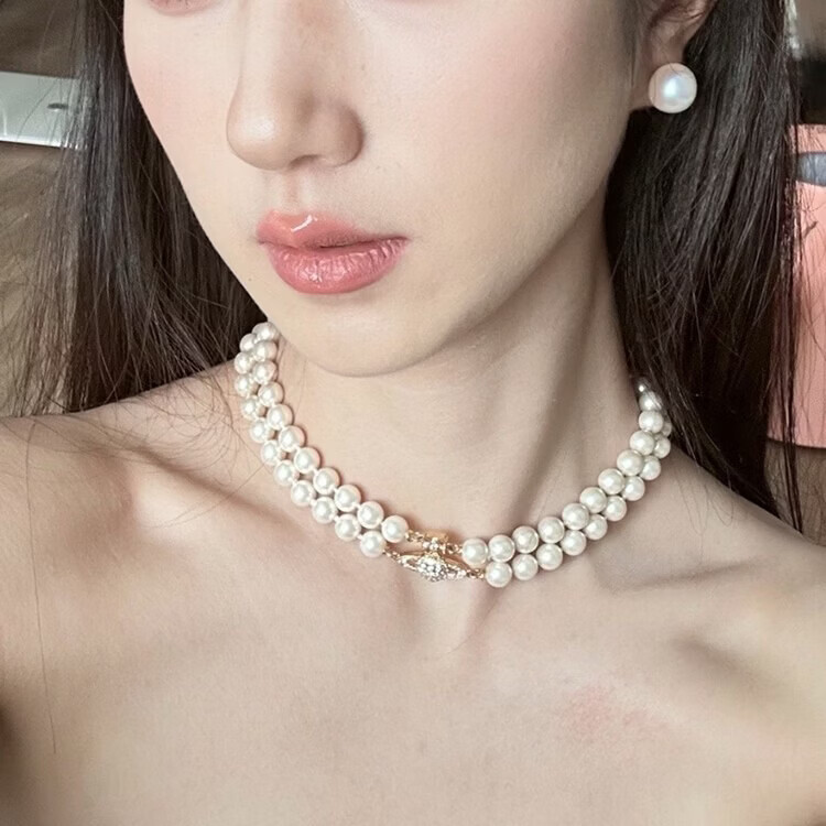 薇薇安西太后新年礼物Vivienne经典土星女珍珠项链轻奢高级感吊坠锁骨链送女友 银色双层土星项链