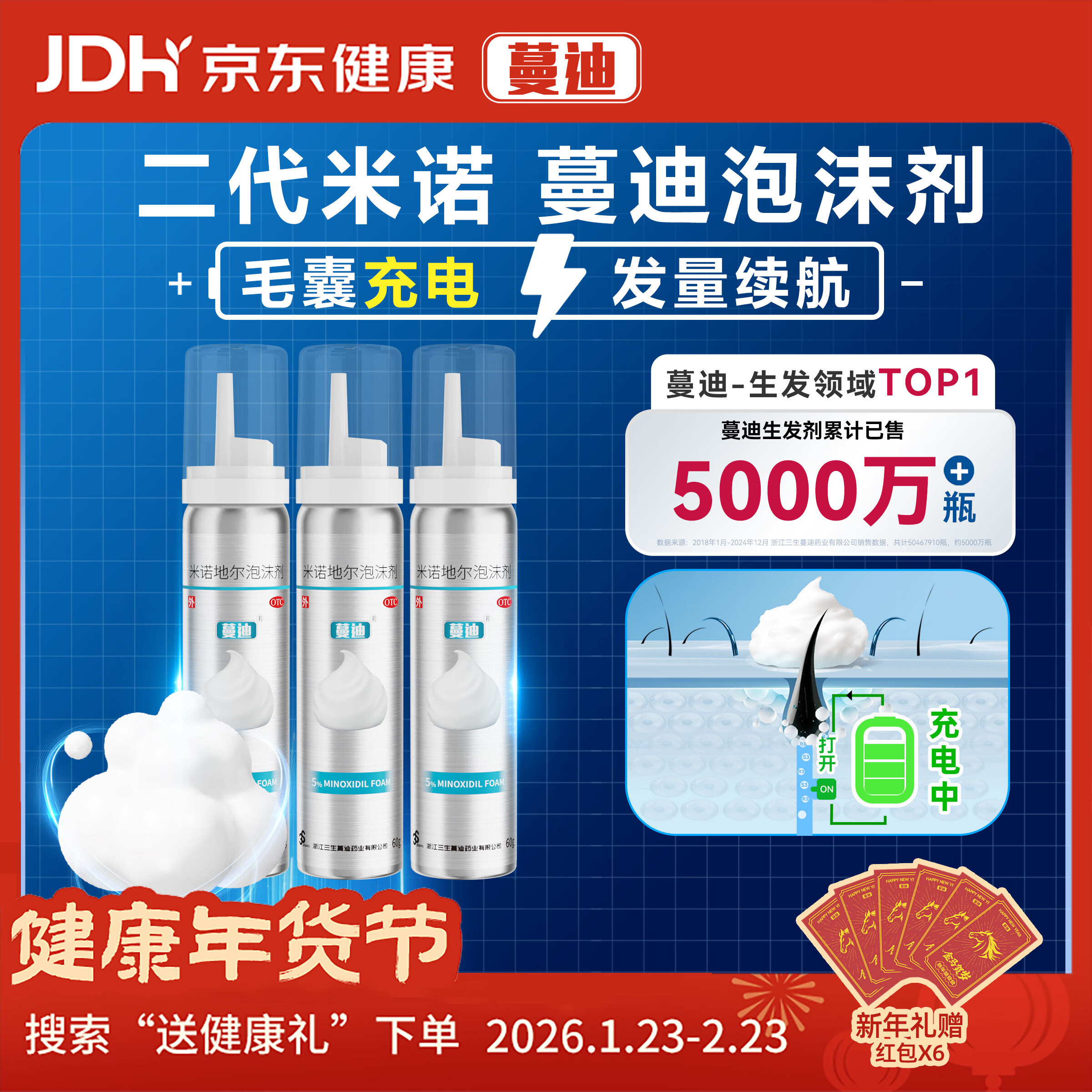 蔓迪【第二代米诺地尔】蔓迪生发泡沫剂60g*3（倍速生发 温和不起痘）防脱育发增发液5%浓度酊搽剂