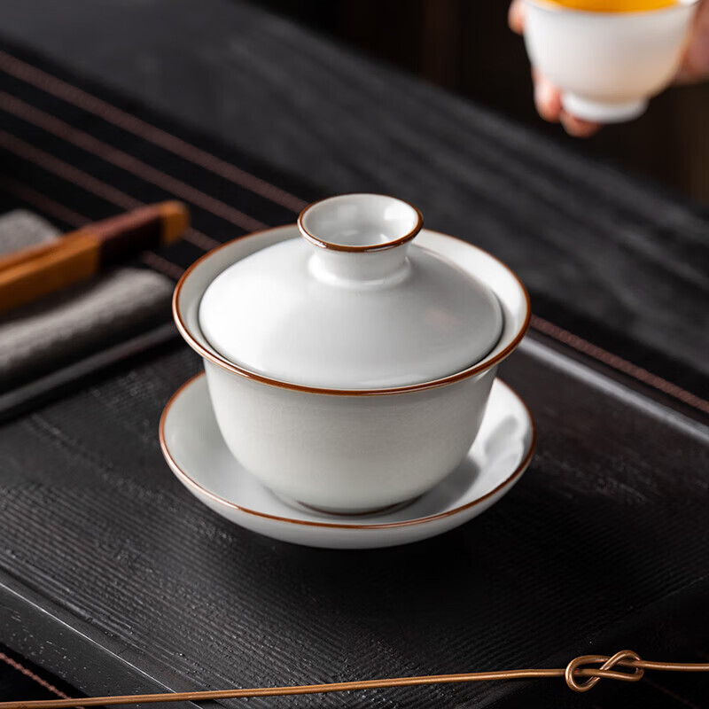 韵化【精选直发】汝窑三才盖碗开片铁线单个高档可养家用泡茶茶碗礼盒 密釉绿三才盖碗