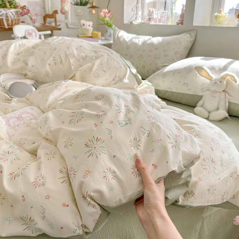 一默四件套2026款A类古法水洗仿棉云感纱被套床单床笠枕套家用四件套 烟花星语 2.0m 床单款 (被套200*230cm) 四件套