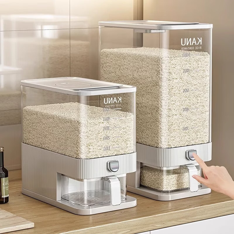 尔思家大米储存容器家用食品级米桶密封防虫防潮杂粮收纳盒大容量米箱 【卡其灰】10斤米桶-【按压出米 带密封圈防虫】