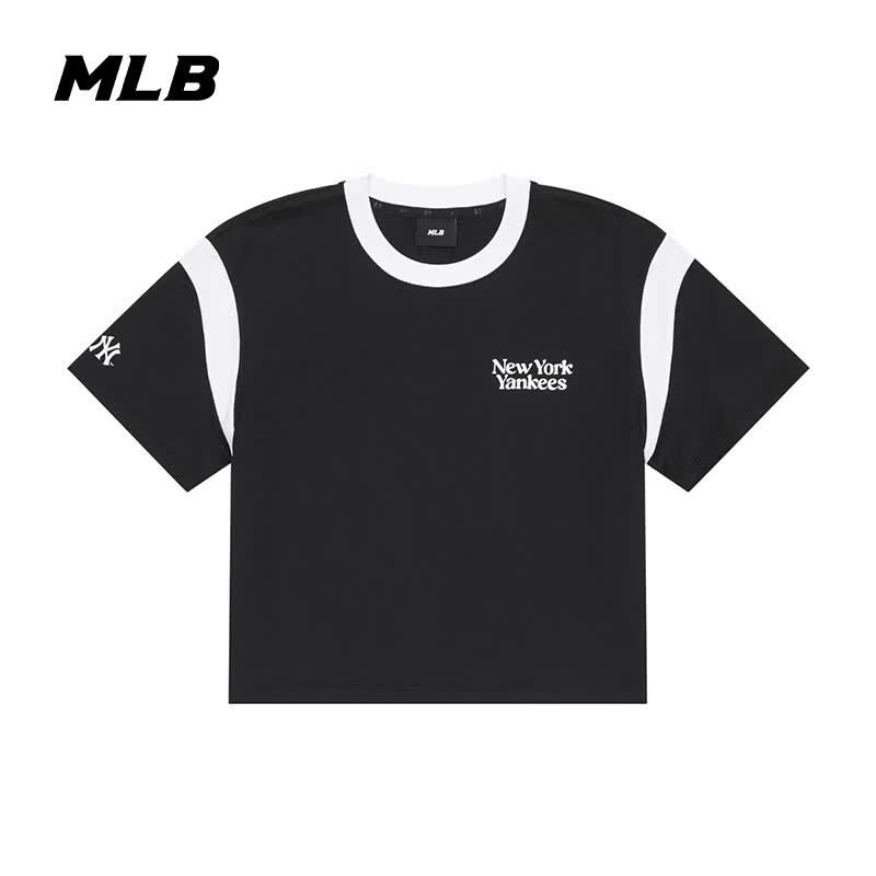 MLB 纽约洋基队撞色拼接美式印花修身圆领T恤 女款 3FTSV034350BKS【黑色】 S