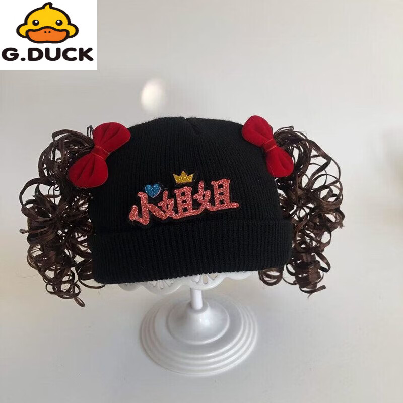 G.duck婴儿帽子秋冬双层保暖女童波浪假发公主套头护耳针织女宝宝卷发帽 大红-绒布红蝴蝶-小公举 3-6个月