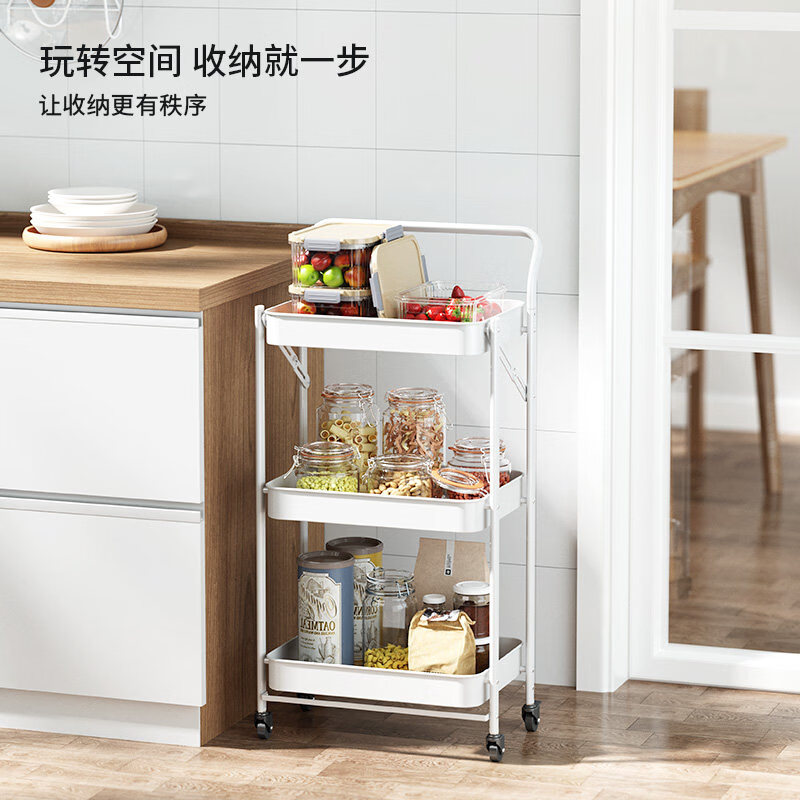 美之高（MZG）可折叠小推车置物架落地移动带轮卧室客厅零食收纳储物架子 免升级款象牙白小推车 3层