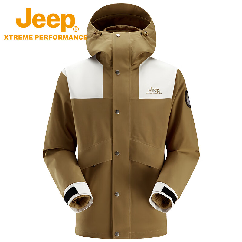 JEEP吉普三合一冲锋衣男户外外出登山服可拆卸防风防雨保暖摇粒绒外套 摩卡棕 XS/160/84B