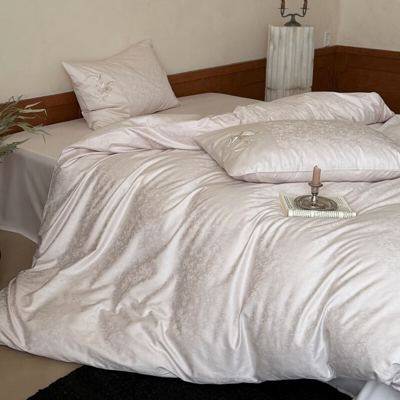 ROLAND LIVE简约轻奢全棉长绒棉刺绣四件套提花被套纯棉床单高级感1.8m床套件 LB 长绒棉套件-兰心幽怀粉色 1.2米床 床单款 【被套150*200cm】