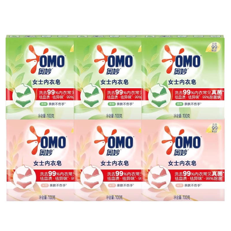 奥妙内衣皂女士内裤专用抑菌祛异味洗内裤专用皂肥皂 【实惠6块】茶树100g*3块+米萃100g*3块