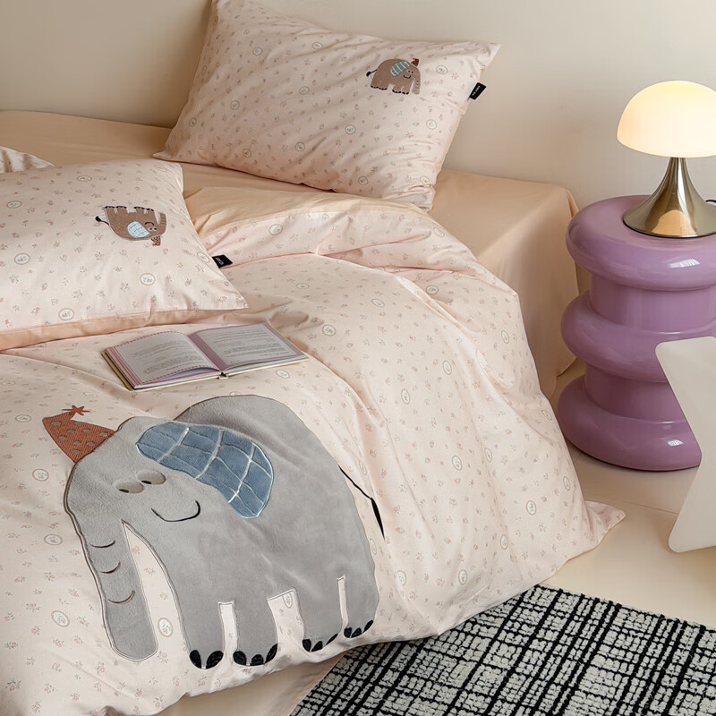 ROLAND LIVE儿童卡通全棉四件套萌趣贴布绣被套床单四季通用学生宿舍三件套 KZ 全棉萌趣套件-大象图图 小号 床单款 【被套150*200cm】