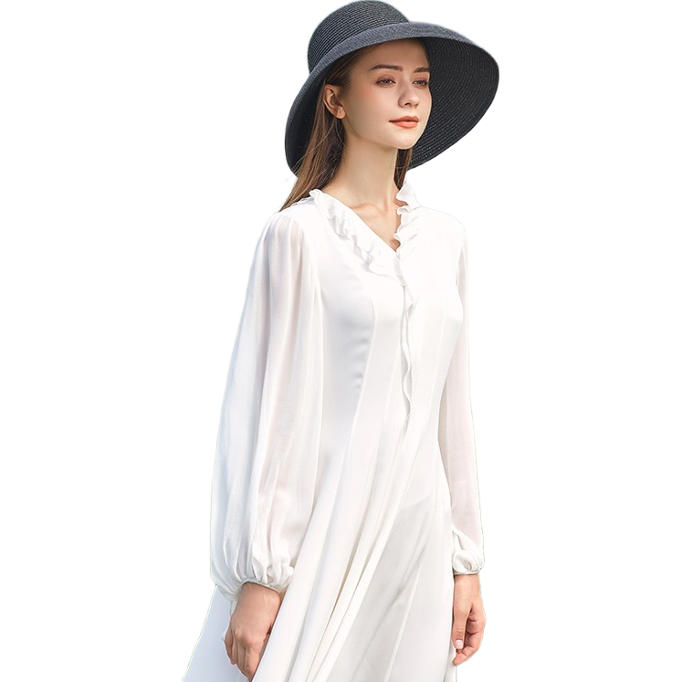 VOA30姆米重磅桑蠶絲V領(lǐng)荷葉邊系帶燈籠長(zhǎng)袖透氣真絲連衣裙 AE1007 牛奶白(W97) 2XL