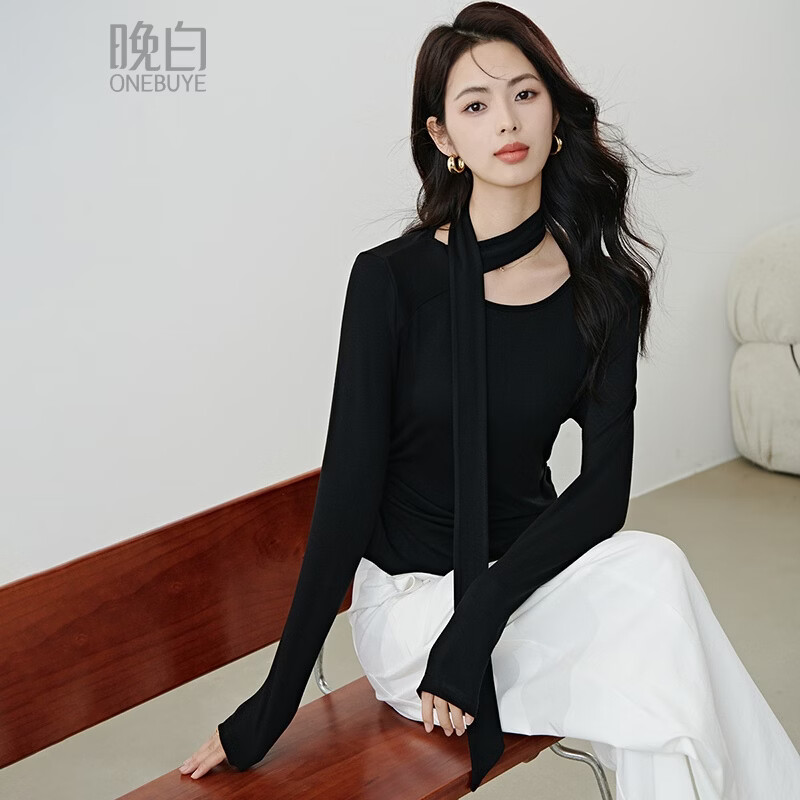 晚白【新品】2026春款时尚氛围感洋气飘带上衣亲肤舒适气质显瘦T恤衫 黑色 M