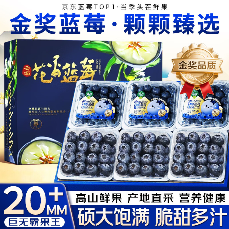 颜曼箐云南花香蓝莓鲜果新鲜水果【多地次日达】高山甜蓝莓春节送礼 6盒装-更划算【100-125g/盒】 尝鲜果丨单果12-15mm 京东折扣/优惠券