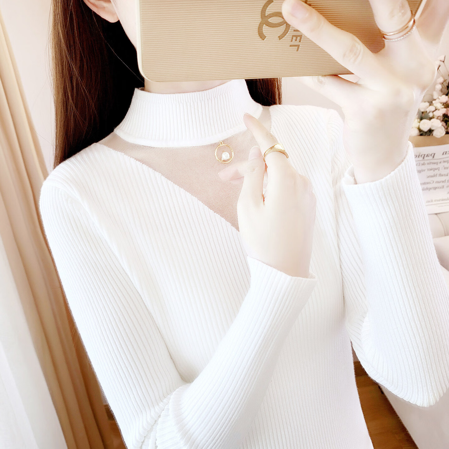 香影纯半高领打底衫蕾丝毛衣女套头2025秋冬新款显瘦内搭针织衫外穿上衣 圆领蕾丝白色 L (建议105-115斤)