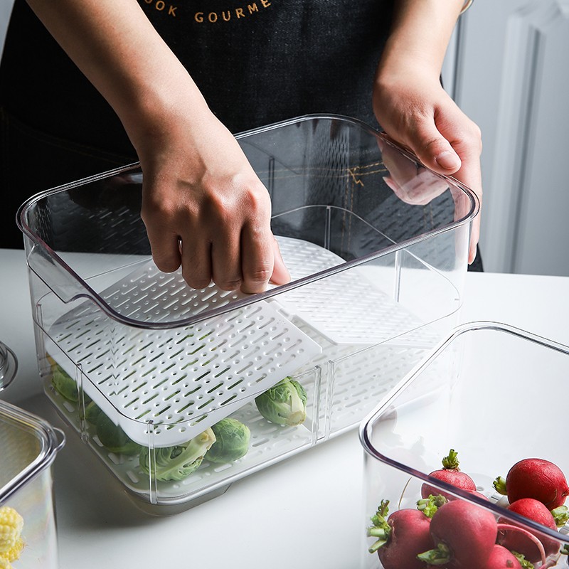舍里 透明塑料冰箱保鲜盒食物收纳盒蔬菜水果冷藏储物双层沥水盒 双层