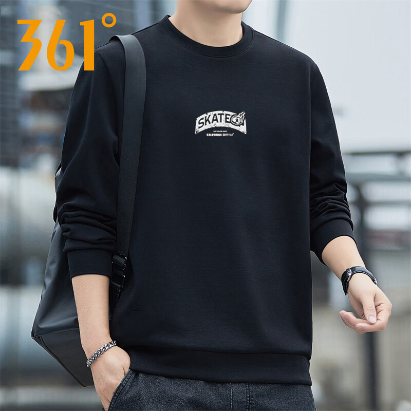 361°运动卫衣男2026春季新款宽松舒适圆领套头衫男士简约百搭长袖上衣 超级黑 S