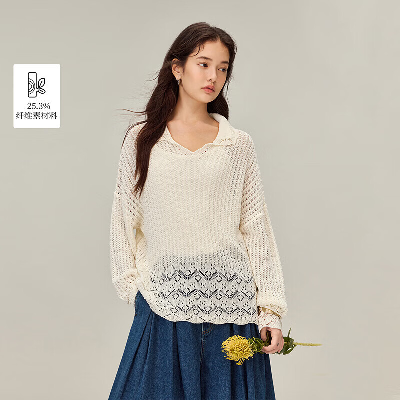 茵曼（INMAN）法式镂空软糯圆领针织衫2026春季女装新款宽松长袖套头毛衣 	本白 M