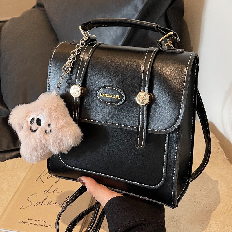 【精选百货】复古质感双肩小包包女2024新款学生双肩背包单肩手提 黑色无挂件