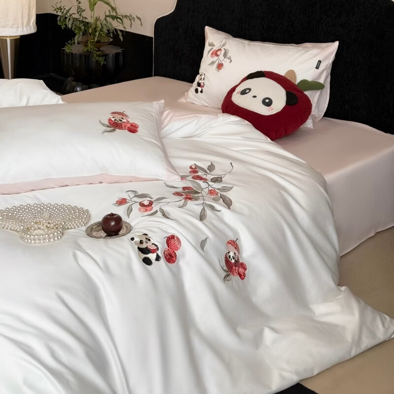 ROLAND LIVE春季新款长绒棉精密刺绣四件套可爱熊猫儿童卧室被套全棉三件套 LB 长绒棉套件-熊猫荔荔粉色 1.2米床 床单款 【被套150*200cm】