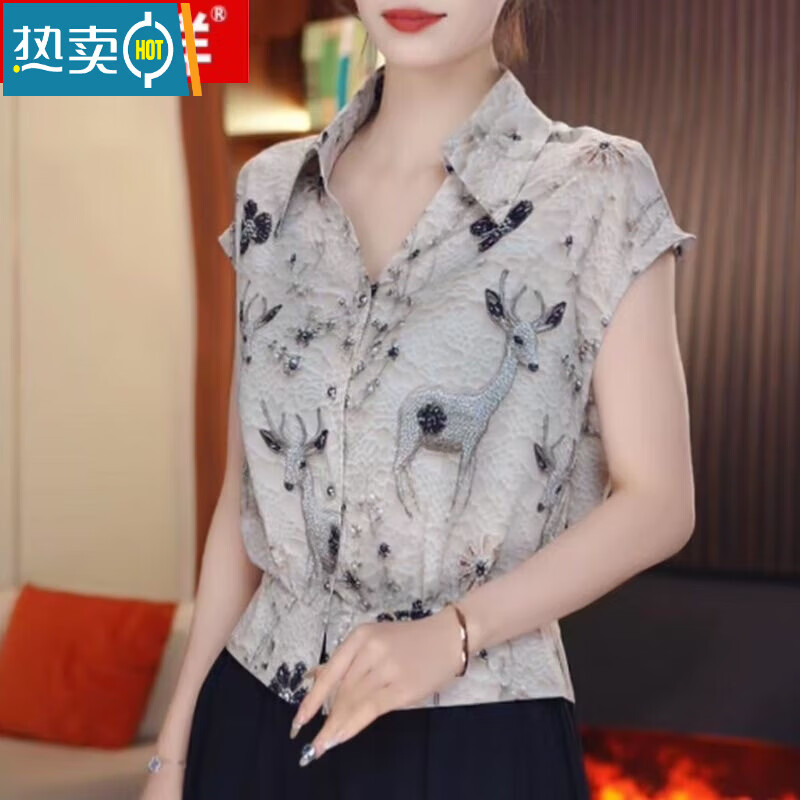 夏典素订女王(SE.PSTP)洋气时尚短袖衬衫2025夏季新款气质小衫减龄宽松显瘦印花上衣 青花瓷 2XL (110-125斤)