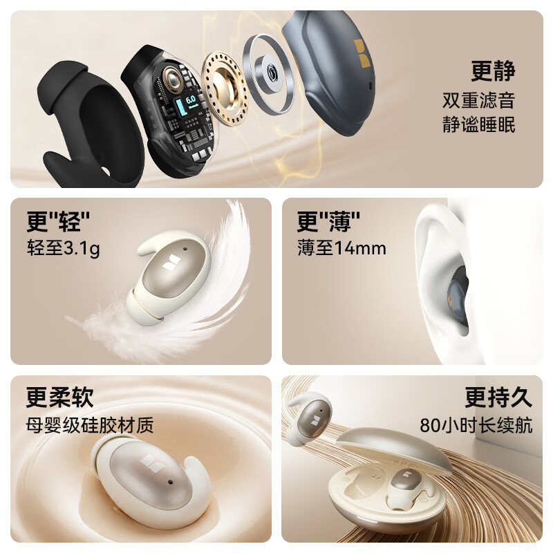 魔声（Monster）Sleep Ear100 睡眠耳机蓝牙降噪隔音耳塞无痛侧睡零压感超薄舒适不压耳助眠入耳式隐形 锖黑色【深度降噪助眠+80h续航】
