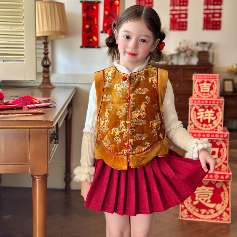 栀了成长记童装女童国风唐装丝绒马甲2025冬季儿童新中式夹棉上衣 黄色 马甲 110