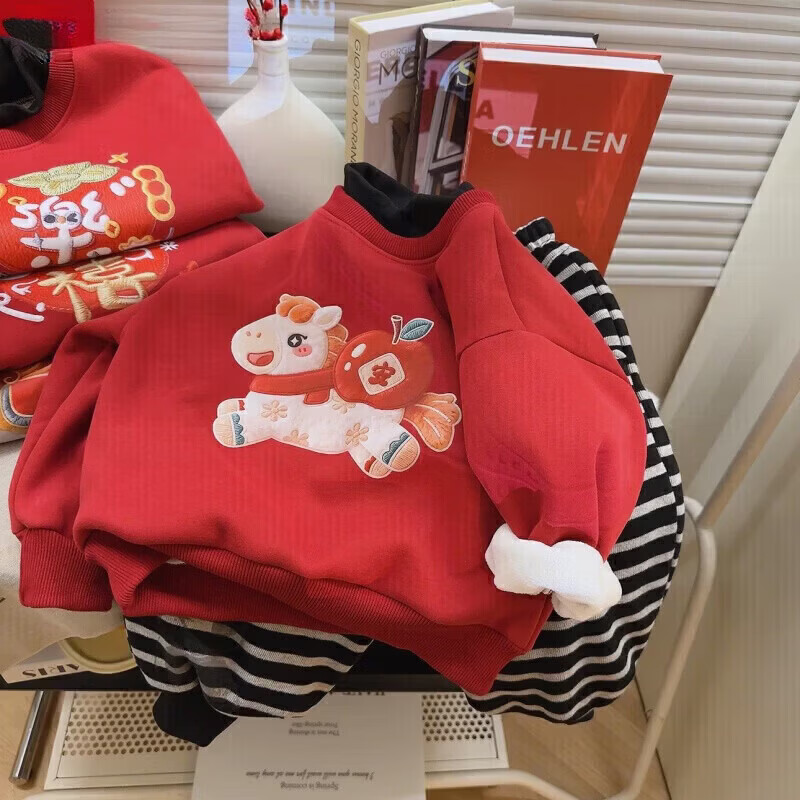 小猪班纳（PEPCO）冬季女童裤子新款洋气休闲刺绣加绒加厚宝宝阔腿保暖长裤儿童卫裤 马年卫衣-马上平安 【加绒】 110 【建议身高95-105】