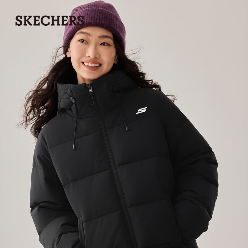 斯凯奇（Skechers）秋冬款女流行连帽棉外套防泼水户外运动轻质舒适棉服P425W197 碳黑/0018 M