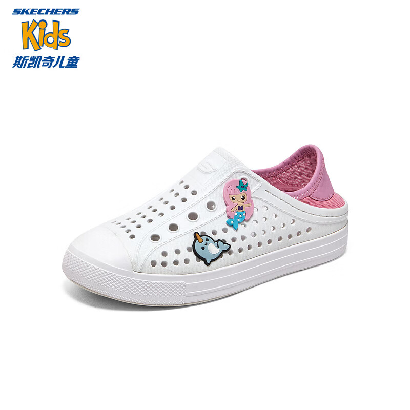 Skechers斯凯奇儿童鞋一脚蹬包头凉鞋夏季男女洞洞鞋中大童沙滩鞋308310L 女童/白色/WHT 35