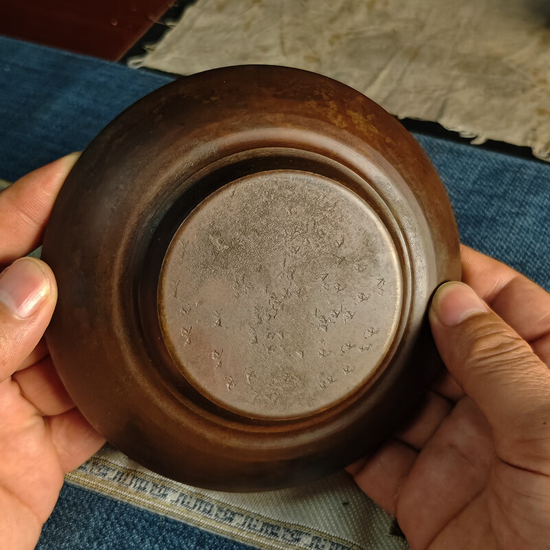 日式纯紫铜喜字双层小壶承干泡台茶垫锤纹做旧茶室防烫圆形杯垫 紫铜小寿字建水（咖色）