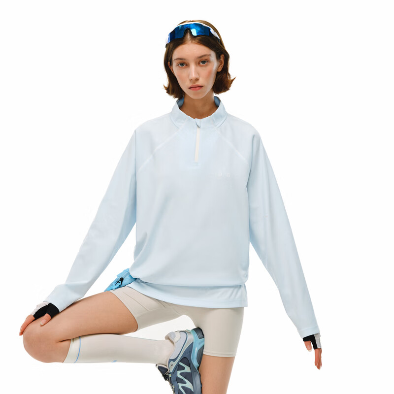 FPA5A抗菌速干半高领运动t恤 春季户外半拉链休闲百搭情侣装长袖 浅蓝色 M