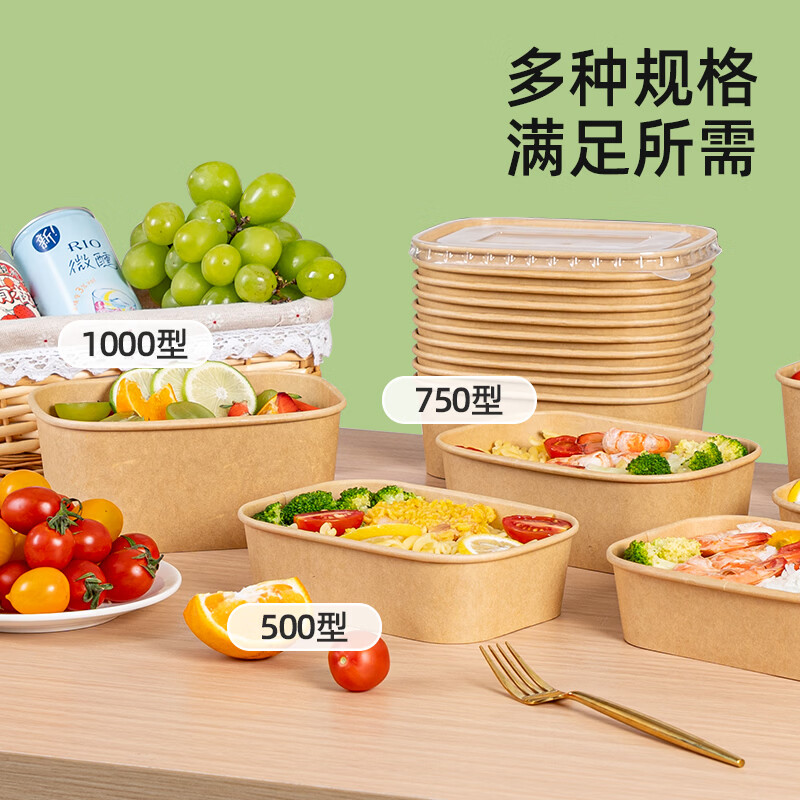 特美居（temeiju）一次性饭盒可降解方形食品级带盖牛皮纸打包盒外卖野餐盒可微波 纸质打包盒750型*20套