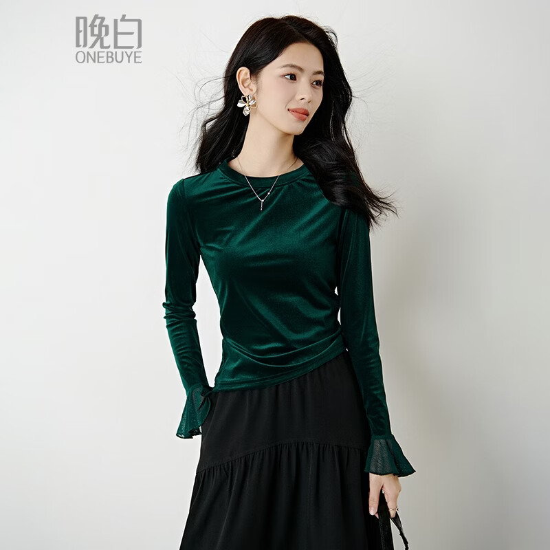 晚白【新品】2026年春款时尚网纱拼接丝绒上衣弹力修身亲肤打底衫女 绿色 XL