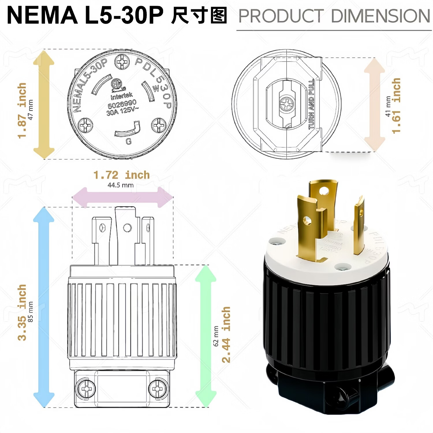 TLDPLUG美规30A 125V大功率美标NEMA L5-30P旋转锁定防脱插头安规认证 黑色 美标NEMA L5-30P插头30A 125V