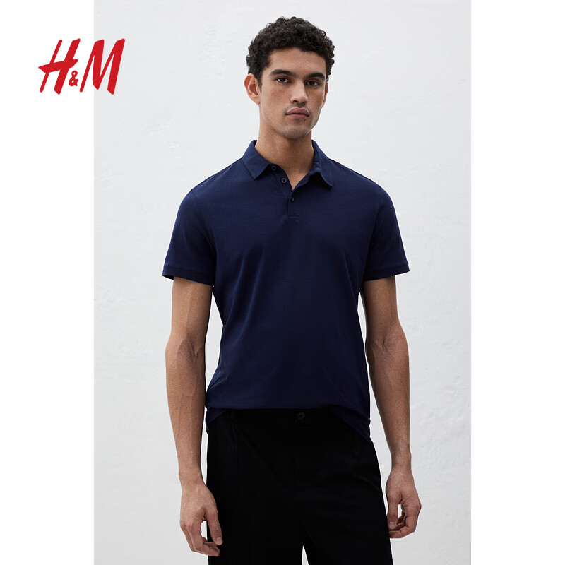 H&amp;M男装Polo衫薄款正肩商务通勤风翻领时尚休闲短袖上衣0956343 海军蓝 L 175/108