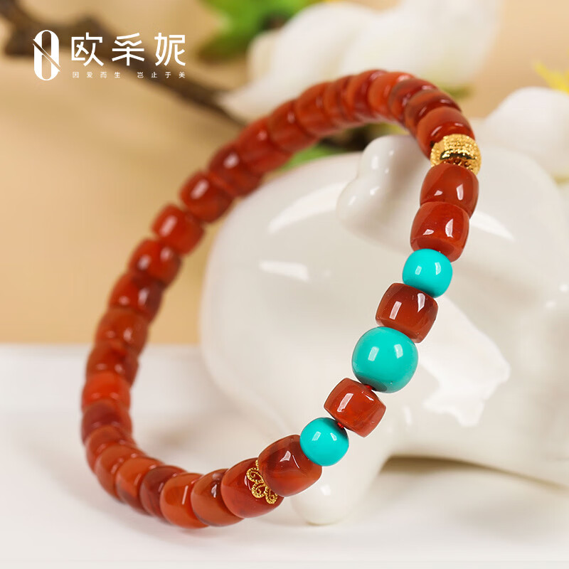 欧采妮(OUCERNY)南红手串天然凉山18k金五条轮珠牛血红火焰纹玛瑙直切绿松diy手链 天然南红 一物一证