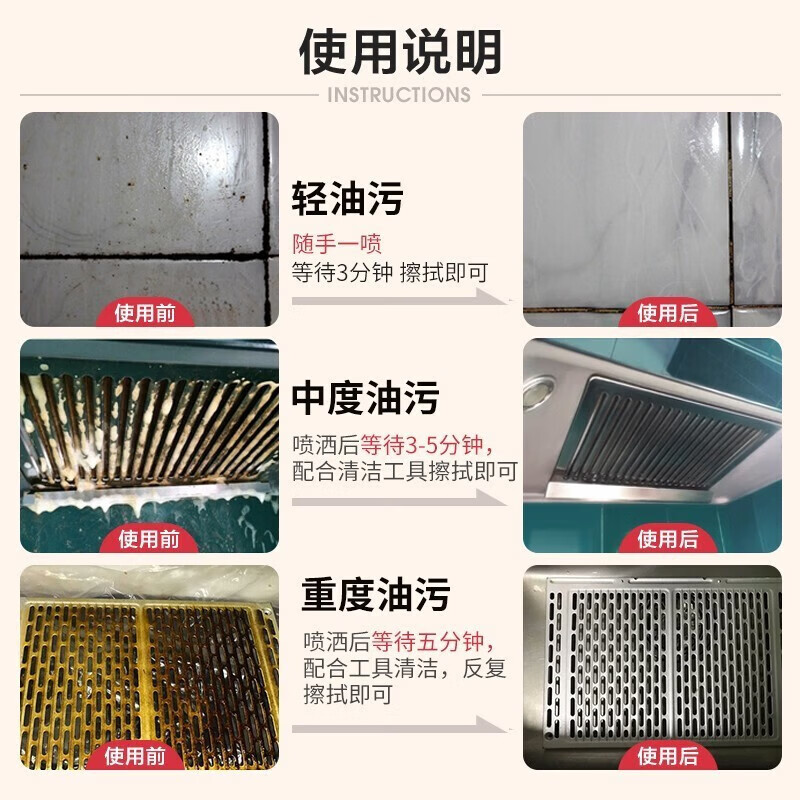 蔬果园厨房油污清洁剂 油污净清洁剂去重油污抑菌留香抽烟机灶台清洗剂 油污净500g*3+喷头