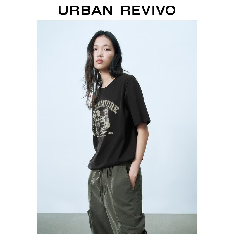 UR2026夏季新款女装美式复古印花圆领短袖T恤UYY460070+ 正黑 M