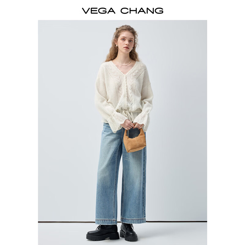 VEGA CHANG【馥芮白】抽绳V领羊毛衫女2026新款春慵懒温柔风开衫 麦芽米(针织衫) S