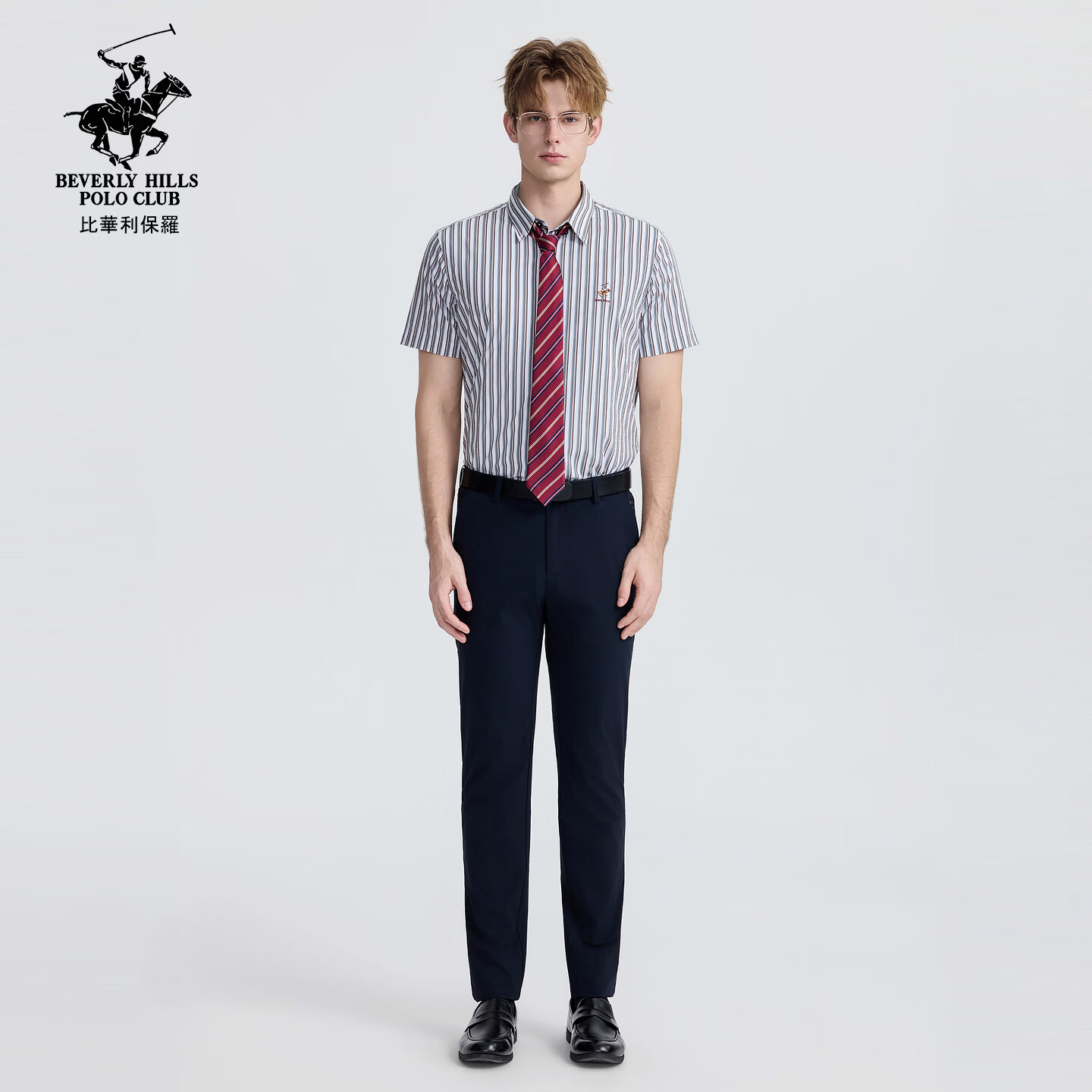 比华利保罗【透气挺括】2026春夏新款男士条纹短袖衬衫时尚百搭休闲上衣 66军绿 L