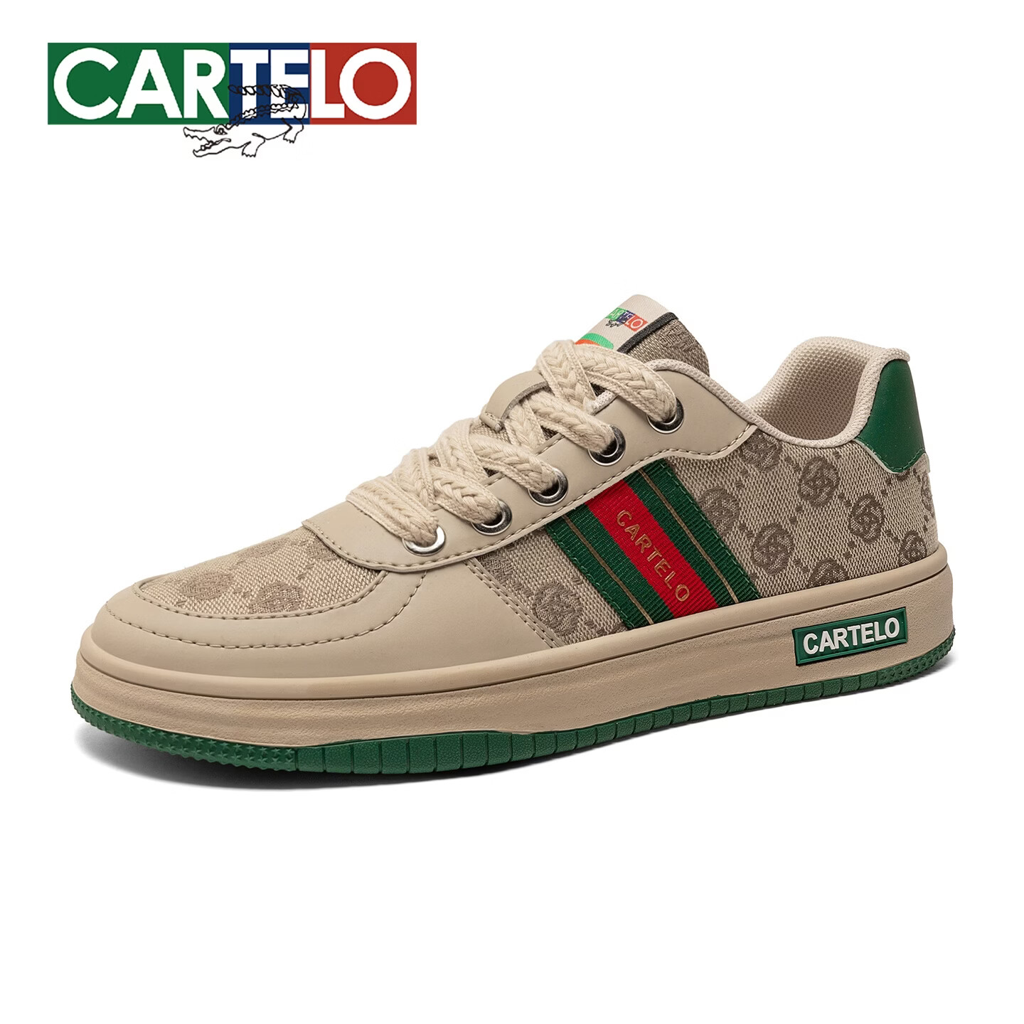 卡帝乐鳄鱼(CARTELO)复古男鞋新款透气运动休闲鞋户外男士板鞋百搭轻奢学生帆布鞋子男 米绿色 44 (270mm) 标准运动鞋尺码