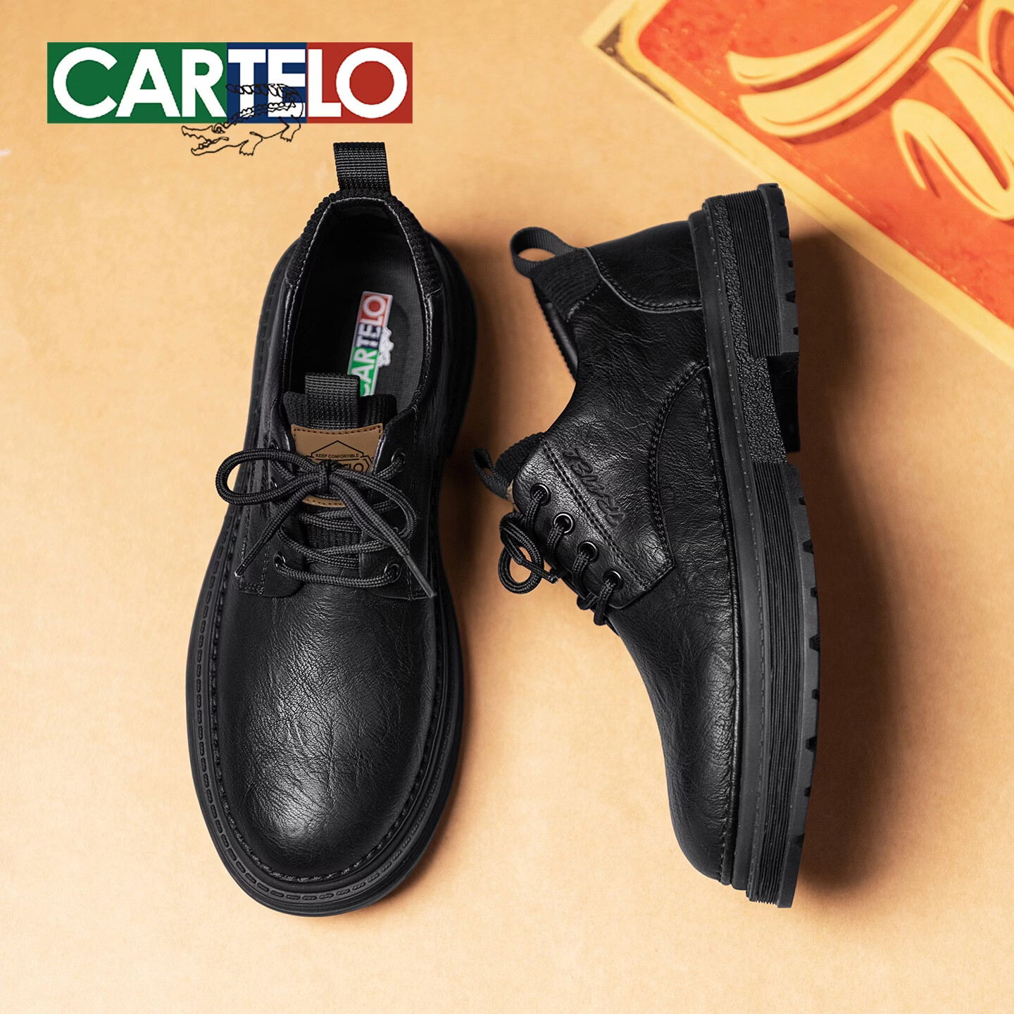 卡帝乐鳄鱼(CARTELO)新款皮鞋男休闲英伦风马丁靴正装商务鞋子男黑色复古软底工装鞋男 黑色 44 (270mm) 标准皮鞋尺码