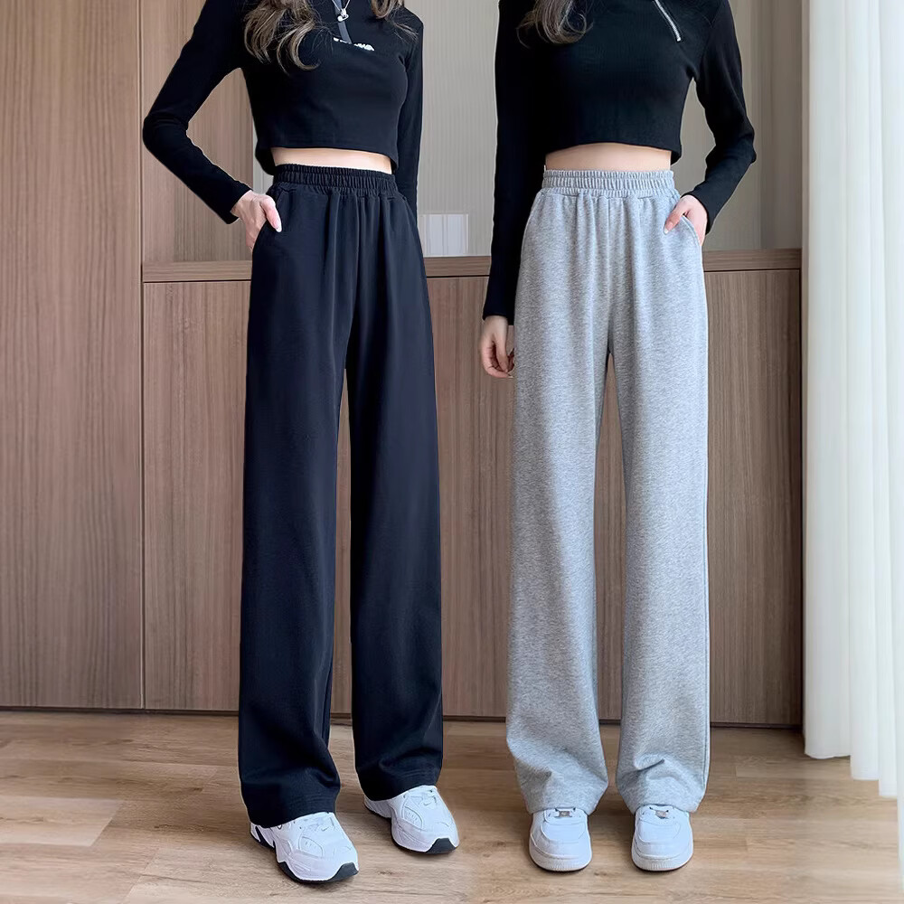 柯诗曼2026春秋款运动裤高腰垂坠感宽松直筒粗腿显瘦百搭阔腿休闲女裤子 灰色（春秋款） M 【95-110斤】