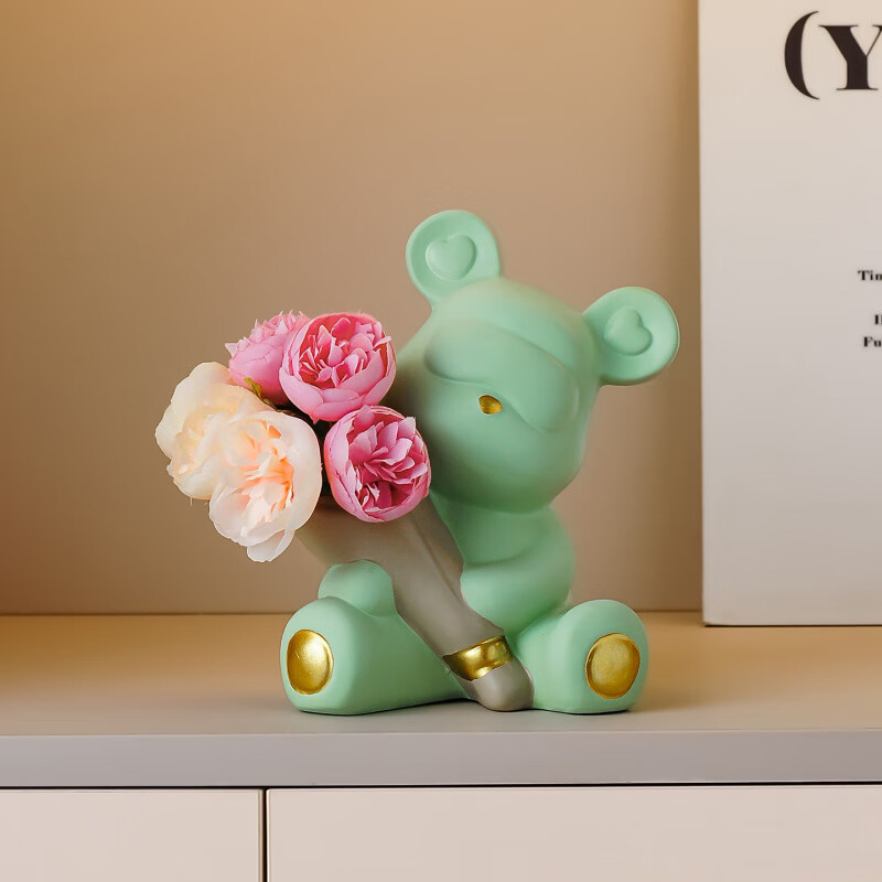 创意捧花暴力熊情绪摆件客厅玄关酒柜电视柜桌面家居装饰礼物 小熊花瓶(森绿色)送1束香槟1束粉色