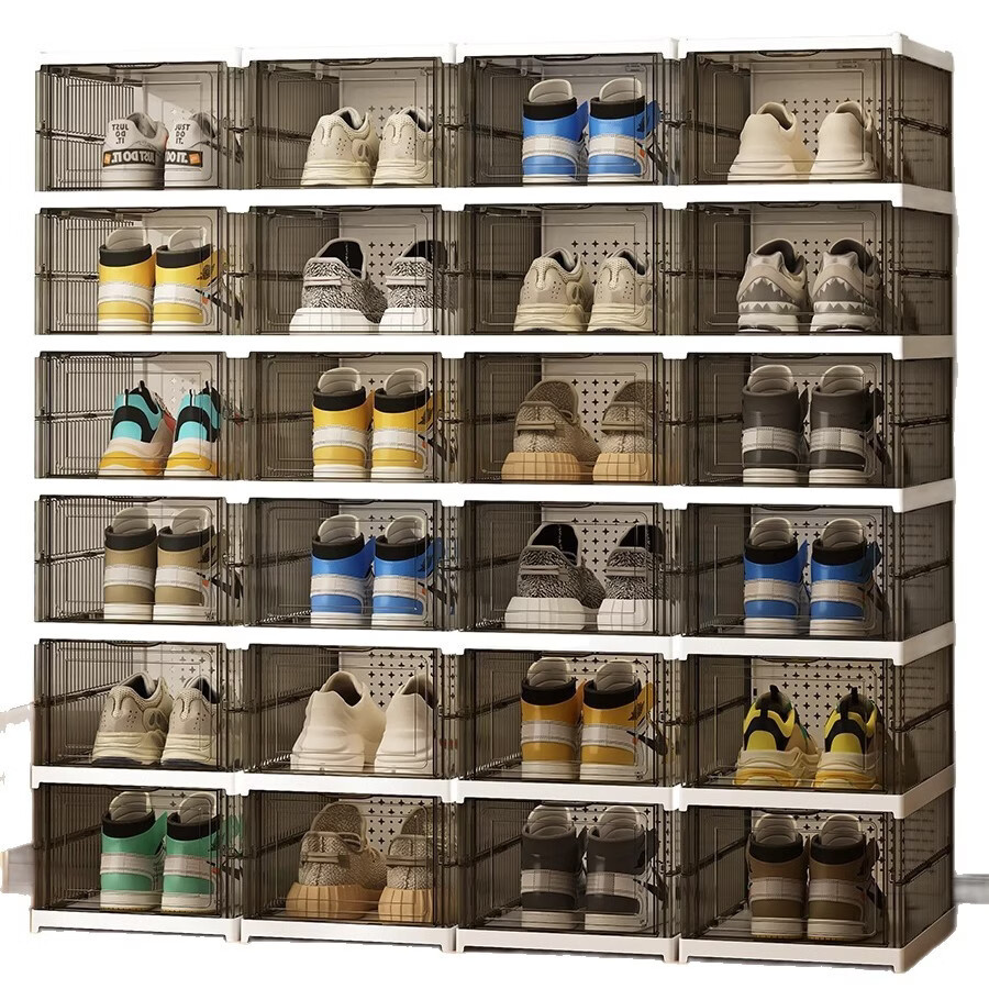 山头林村鞋柜家用门口折叠鞋架塑料鞋盒收纳盒透明鞋子收纳神器防尘家用 单排折叠鞋盒一层【透明灰】