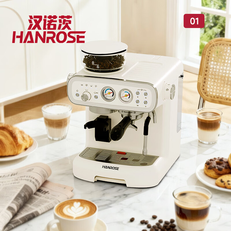 Hanrose意式咖啡机半自动复古风咖域01 小型咖啡机奶泡研磨一体 可拆卸刀盘 可视压力温度TCMSA02A-3C 意式打奶泡研磨一体咖啡机 咖域01