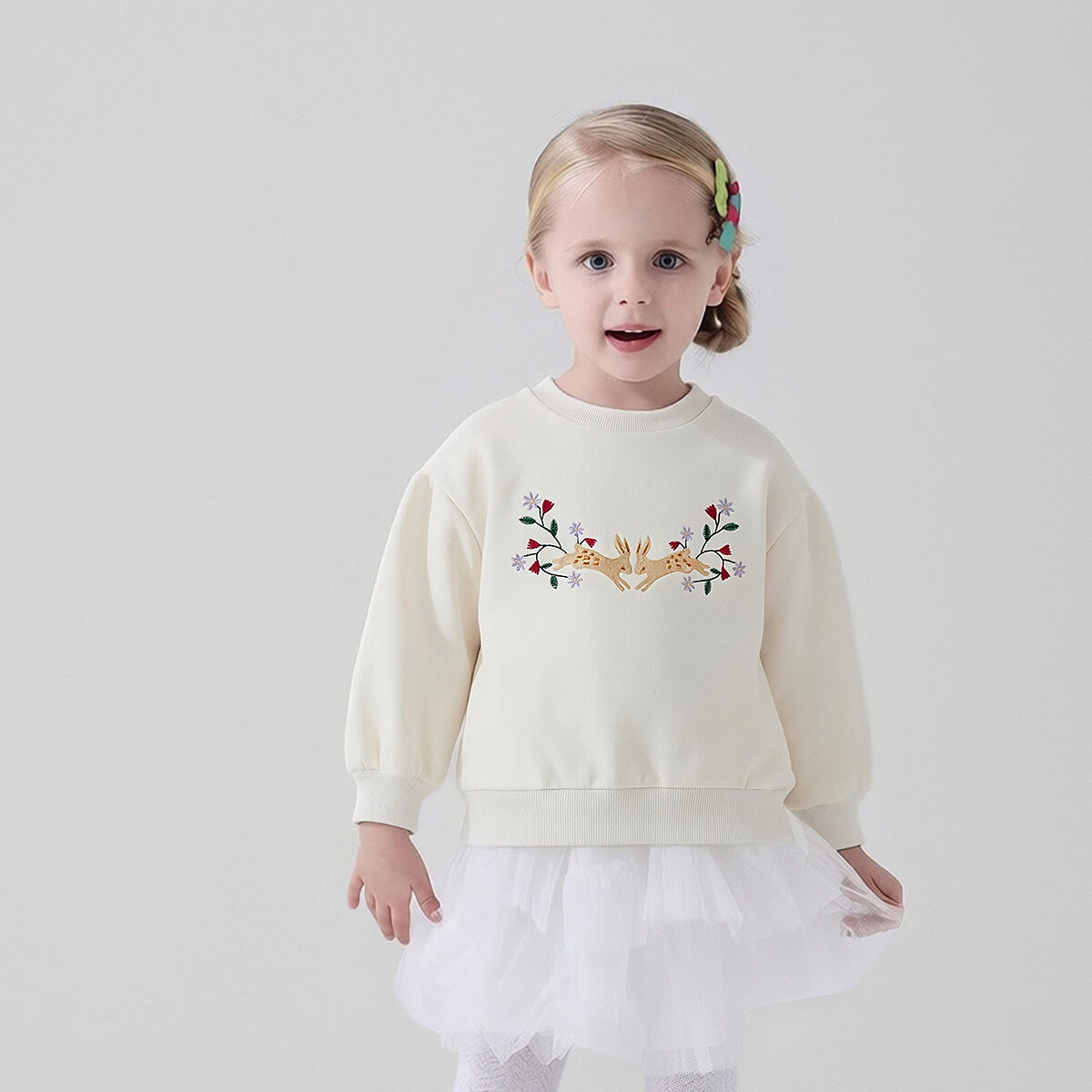 丽婴房【圈圈棉】26春新款女童小兔刺绣宽松套头卫衣落肩长袖上衣 米白 90 cm