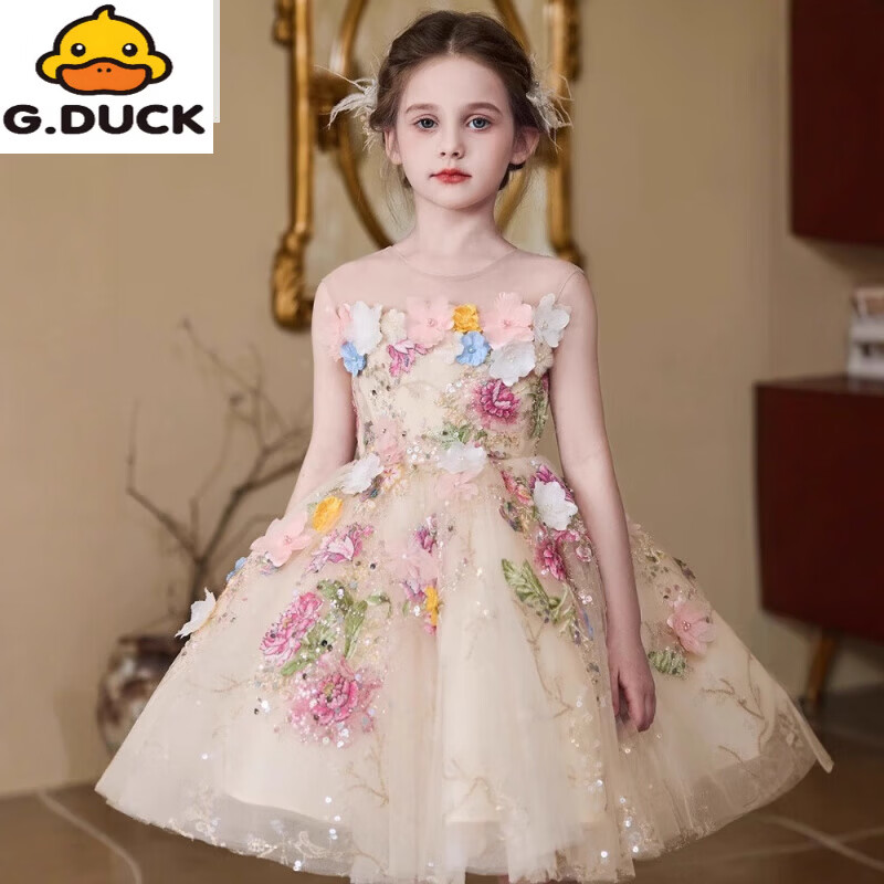 G.duck女童主持人礼服花仙子公主裙高端生日宴小女孩钢琴演奏儿童演出服 香槟色 150 cm