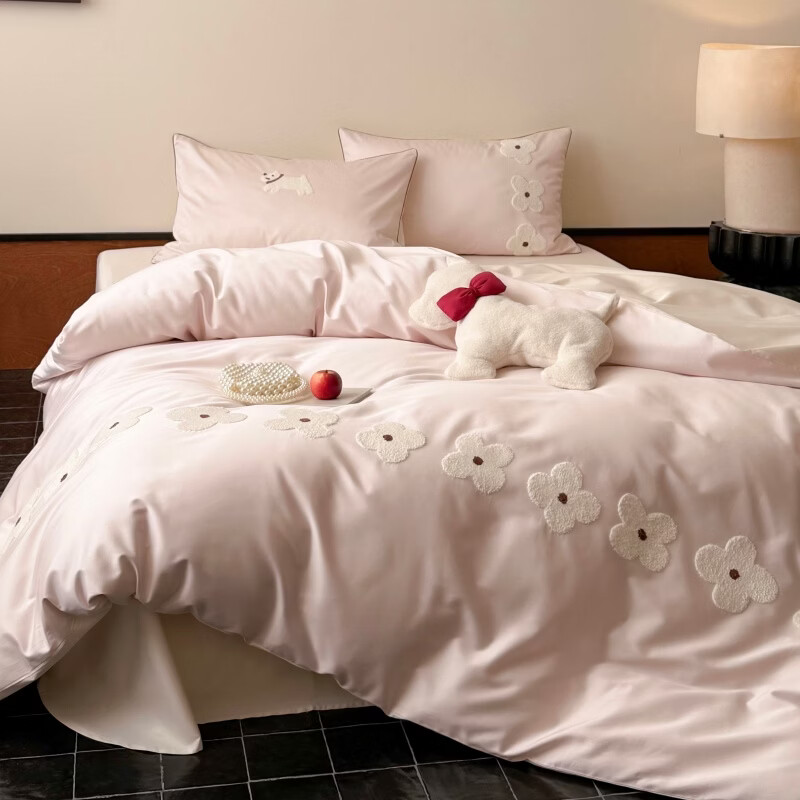 ROLAND LIVE床上用品少女心长绒棉四件套可爱毛巾绣全棉被套宿舍三件套亲肤 LB 长绒棉毛巾绣套件-小狗绮梦粉＆白 1.2米床 床单款 【被套150*200cm】