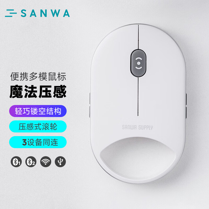 山业小巧便携无线3模鼠标 魔法按压滚轮 轻音办公商务 对称型左右手滑鼠 左撇子可用 轻薄1.35cm 白色